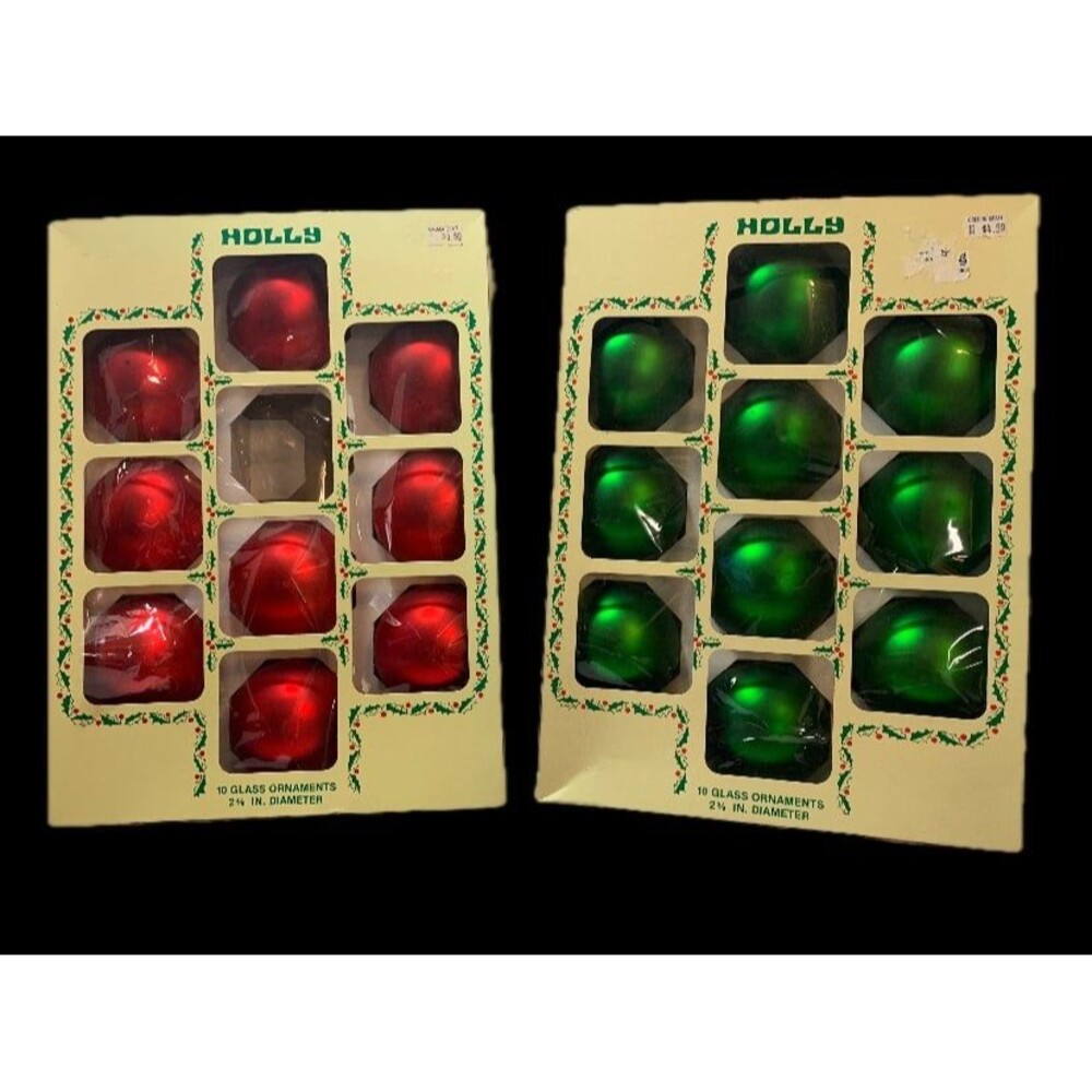 Vintage 2.62” Green & Red Christmas Ornaments, Holly Brand, Medium Size Balls